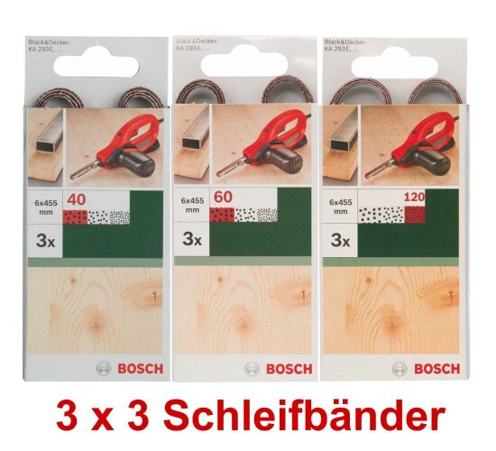 Bosch 3 x 3 Schleifbänder für B+D Powerfile KA 293E 6 x 451 mm, 40,60,120, Holz