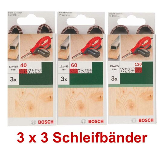 Bosch 3 x 3 Schleifbänder für B+D Powerfile KA 293E 13 x 451 mm, 40,60,120, Holz Metall