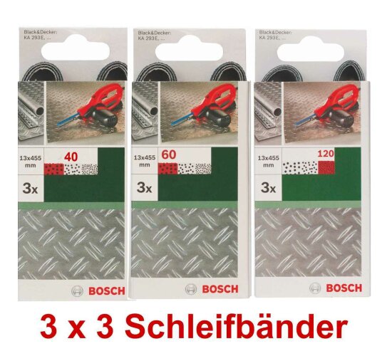Bosch 3 x 3 Schleifbänder für B+D Powerfile KA 293E 13 x 451 mm, 40,60,120, Metall