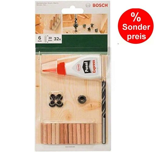 Bosch 32-tlg. Holzdübel Set 6 x 30 mm, Bohrer Tiefenstop 4 Dübelsetzerr Holzleim