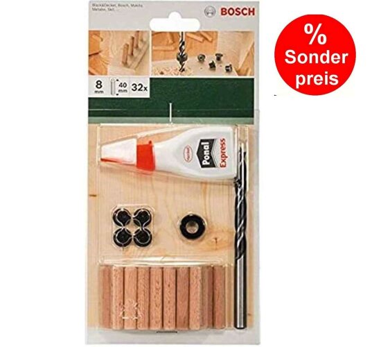 Bosch 32-tlg. Holzdübel Set 8 x 40 mm, Bohrer Tiefenstop 4 Dübelsetzerr Holzleim