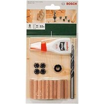 Bosch 32-tlg. Holzdübel Set 8 x 40 mm, Bohrer Tiefenstop 4 Dübelsetzerr Holzleim