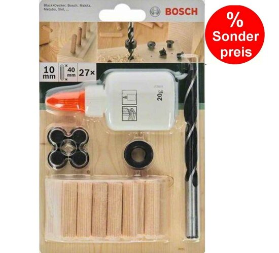 Bosch 27-tlg Holzdübel Set 10 x 40 mm, Bohrer Tiefenstop  Dübelsetzerr Holzleim