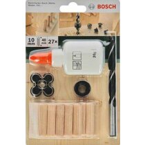 Bosch 27-tlg Holzdübel Set 10 x 40 mm, Bohrer Tiefenstop  Dübelsetzerr Holzleim