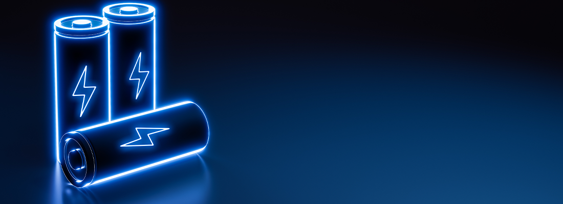 Digital animierte Batterien in Blau mit Blitz abgebildet