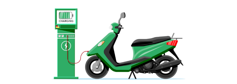 Elektrischer Scooter und Ladestation einzeln. Green Modern Scooter lädt Batterien auf. Motorrad- und Ladestation mit Bildschirm. Öko-Stadtverkehrskonzept Cartoon Flat Illustration.