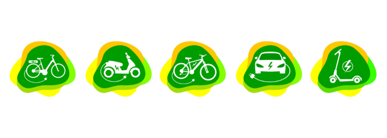 E-Mobilität-Grafik mit Auto, Roller und Fahrrad in weiß, grün, orange und gelb.