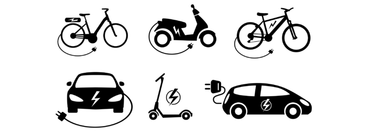 E-Mobil-Grafik mit Fahrrad, Roller und Auto.