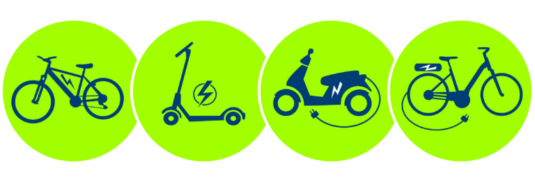 E-Bike-Grafik mit Fahrrad und Roller. Grüne Kreise im Hintergrund.