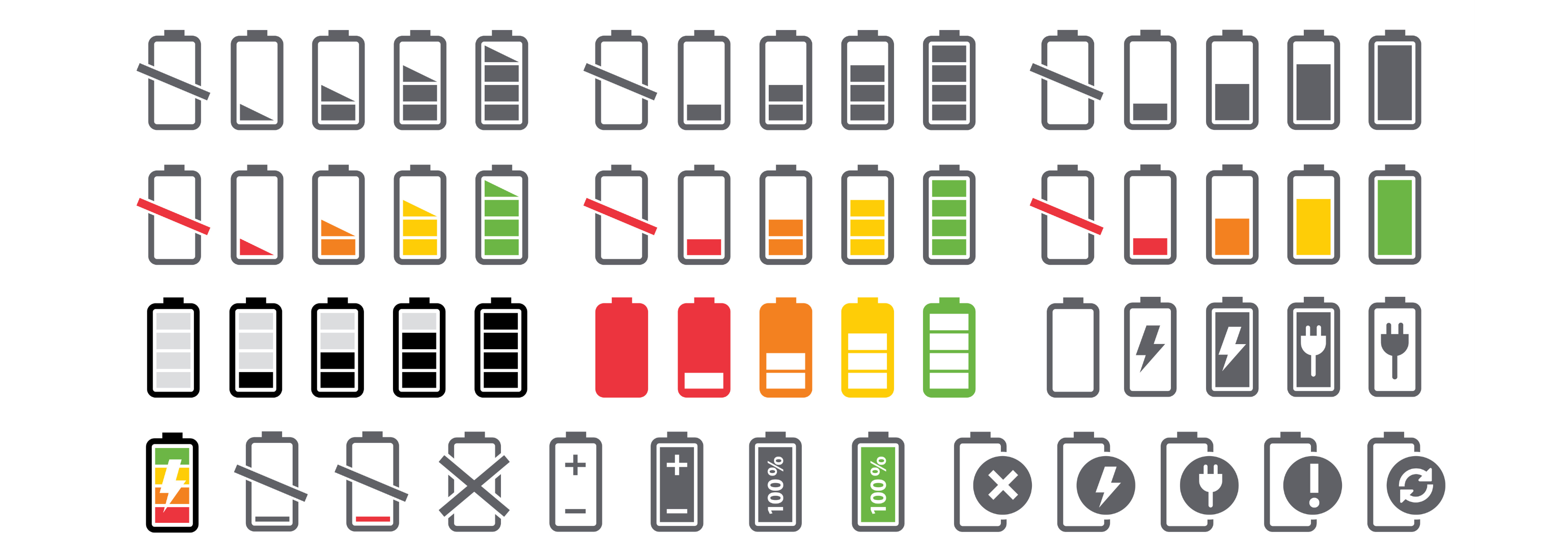 Symbole der Batterieladungsanzeige Vektorsymbol Ladestand Batterien Energie Leistungsstarke lustige Leistung mit niedriger Vollstatusaktivität Logo-Leere Ladeleiste Gadgets alkalische Tags.